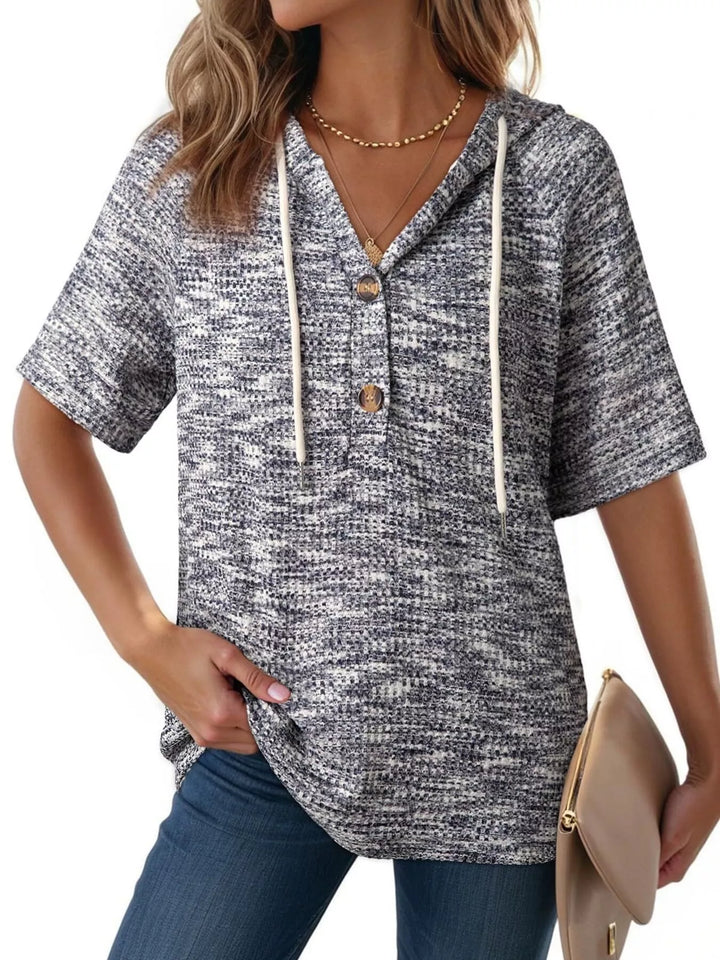 Black Waffle knit hoodie top with button placket and drawstring