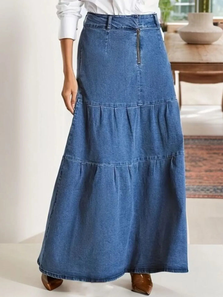 Blue High-rise tiered maxi denim skirt with front zipper