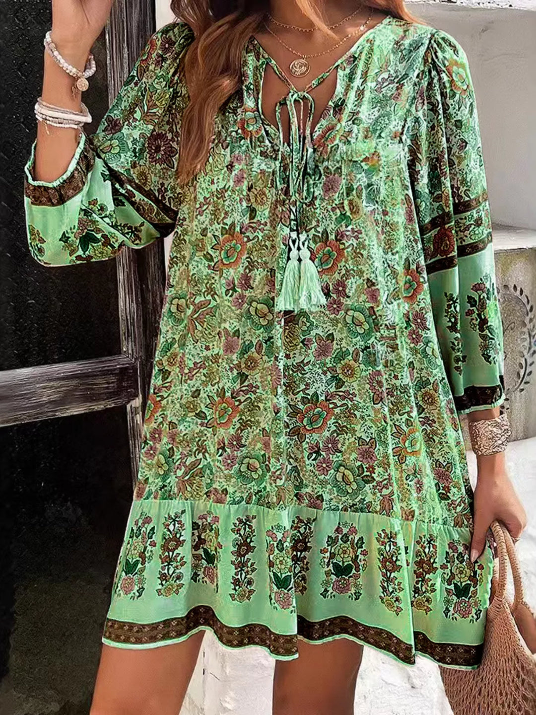 Boho floral v-neck mini dress with tassel tie and long sleeves