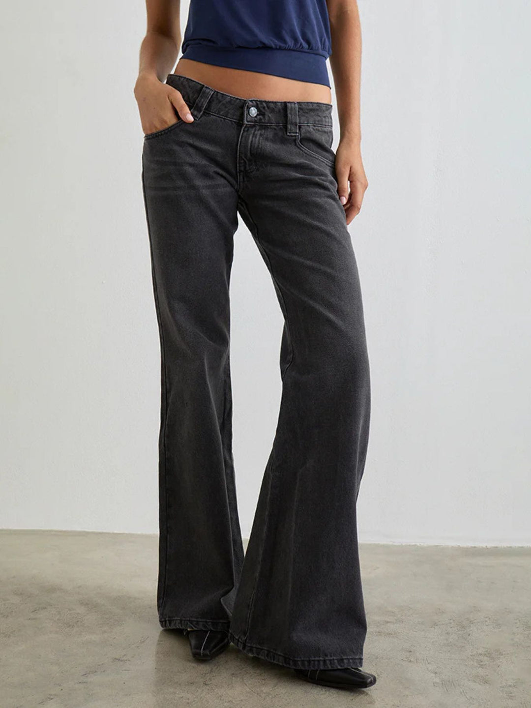 Dark Gray Low-rise washed denim flare leg jeans with 5-pocket styling