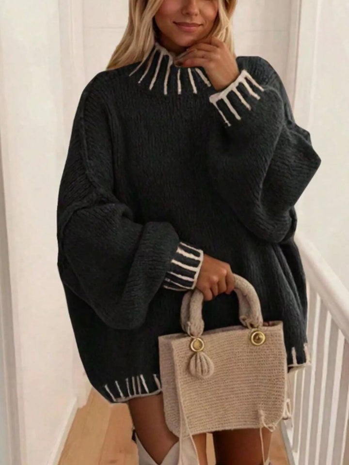 Black Contrast stitch mock neck oversized chunky knit sweater