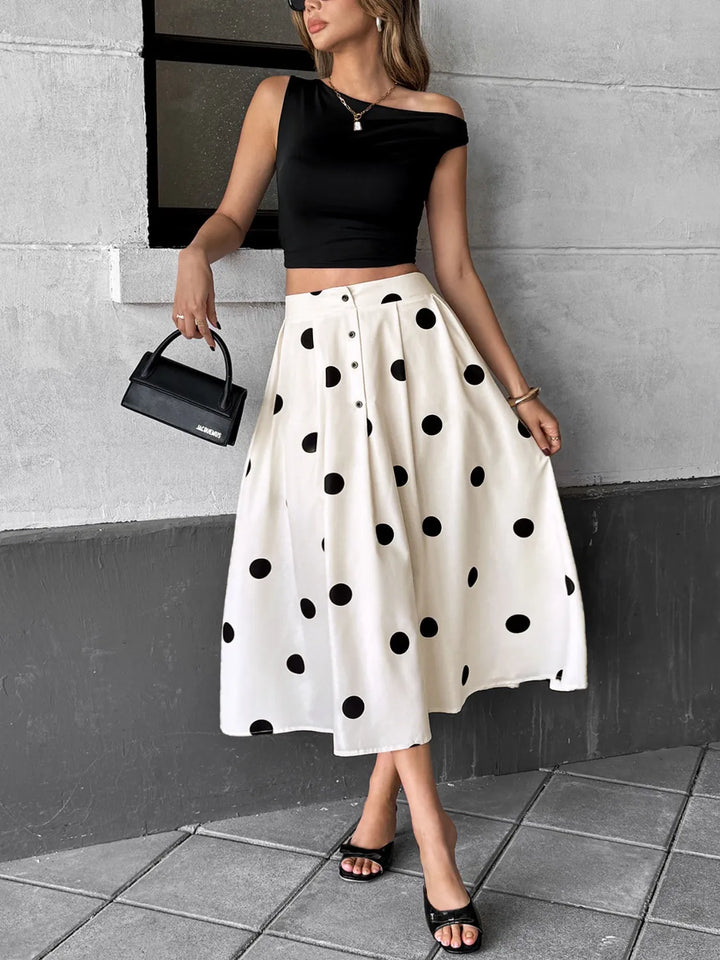 Pleated polka dot button-front midi skirt