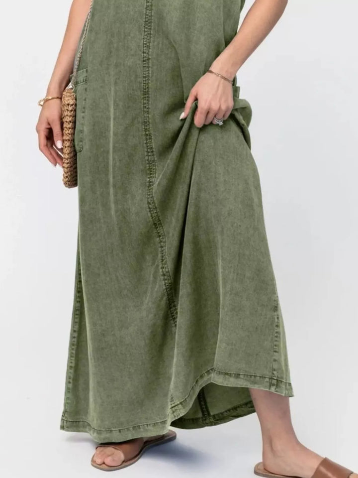 Washed denim cami maxi dress with side pockets