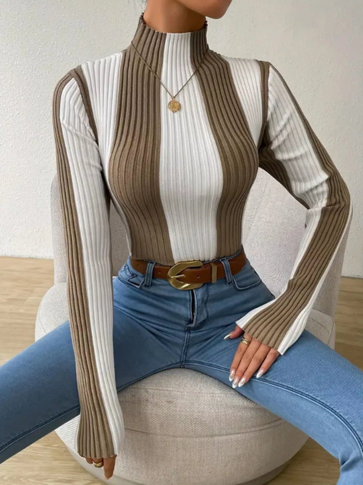 Khaki Color block ribbed knit turtleneck top with long sleeves