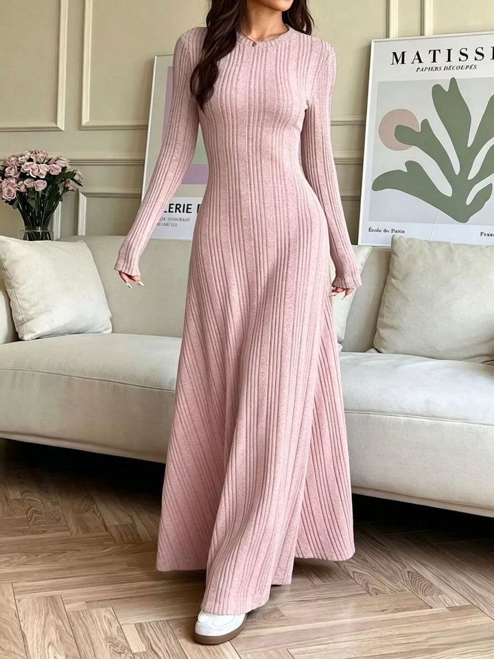 Dusty Pink Ribbed knit long sleeve maxi dress with flared skirt