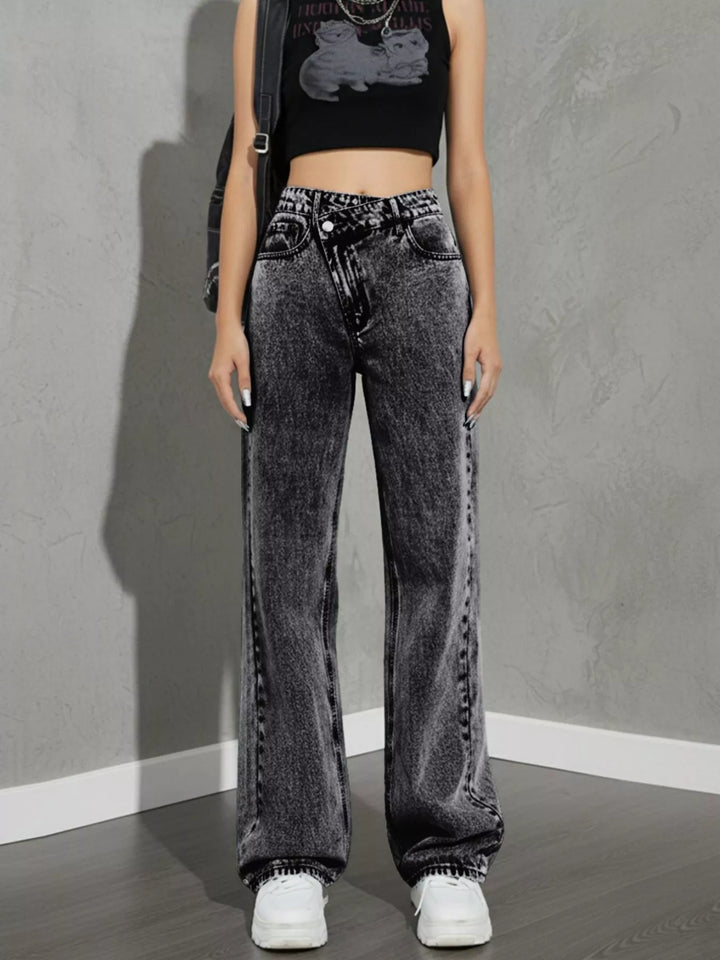 Asymmetric crossover high-rise wide leg jeans