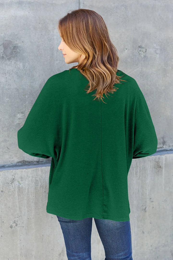 Relaxed drop-shoulder round neck long sleeve top