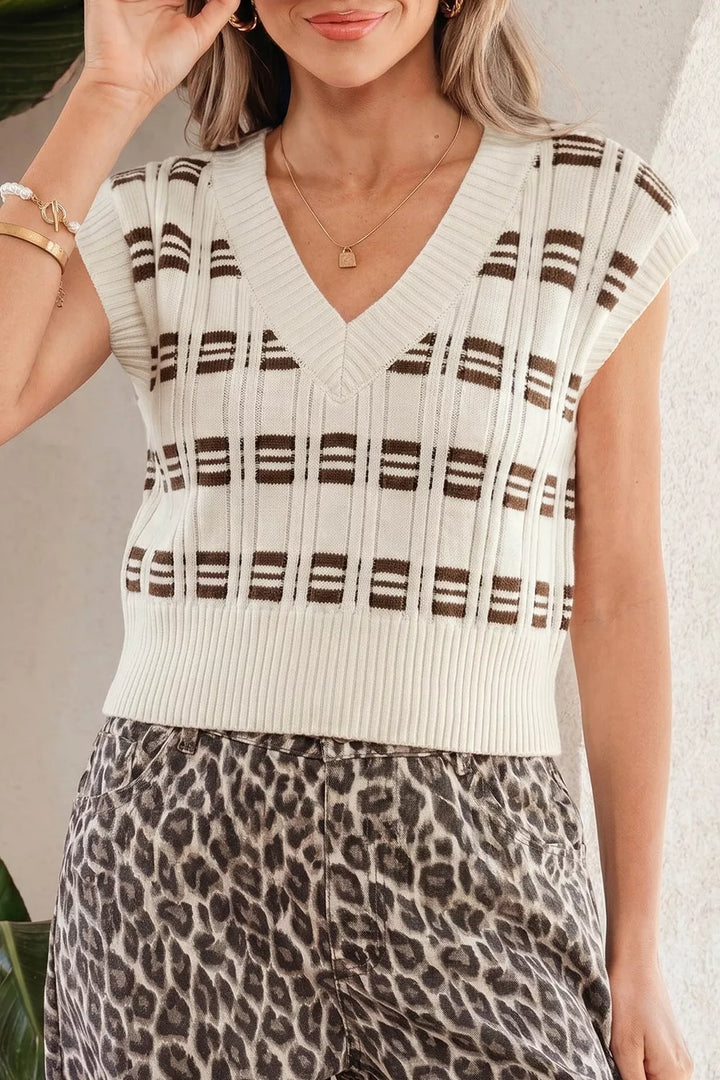 Beige Contrast stripe ribbed knit V-neck cropped sweater vest