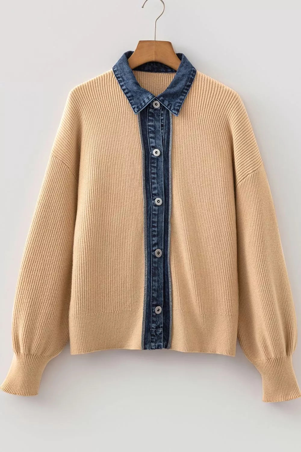 Ribbed knit cardigan with denim collar and button placket