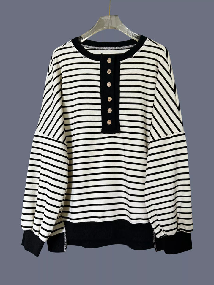 Striped henley sweatshirt with wooden button placket