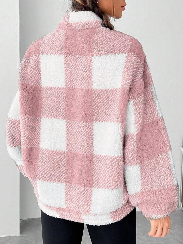 Plaid sherpa quarter-zip pullover with front pocket