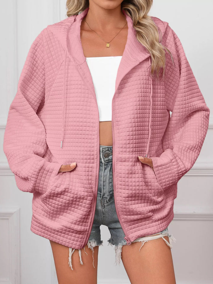 Textured quilted zip-up hooded jacket with pockets