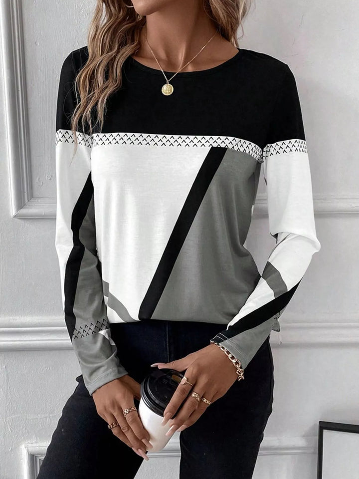 Dark Gray Geometric color block long sleeve crew neck top