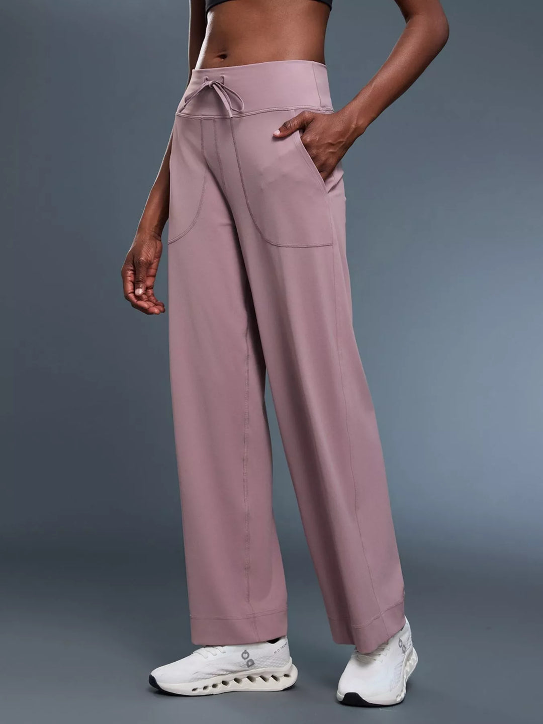 Wide-leg drawstring pants with curved front pockets