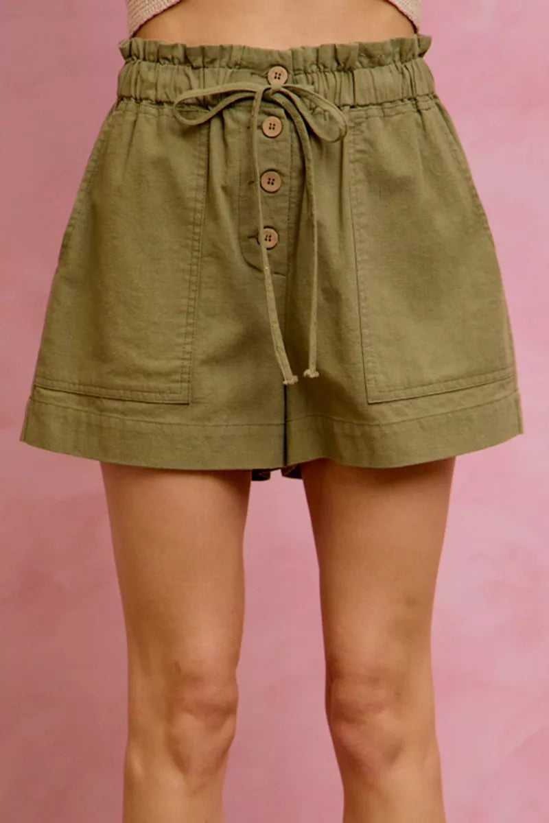 Paper bag waist twill shorts with button front and patch pockets
