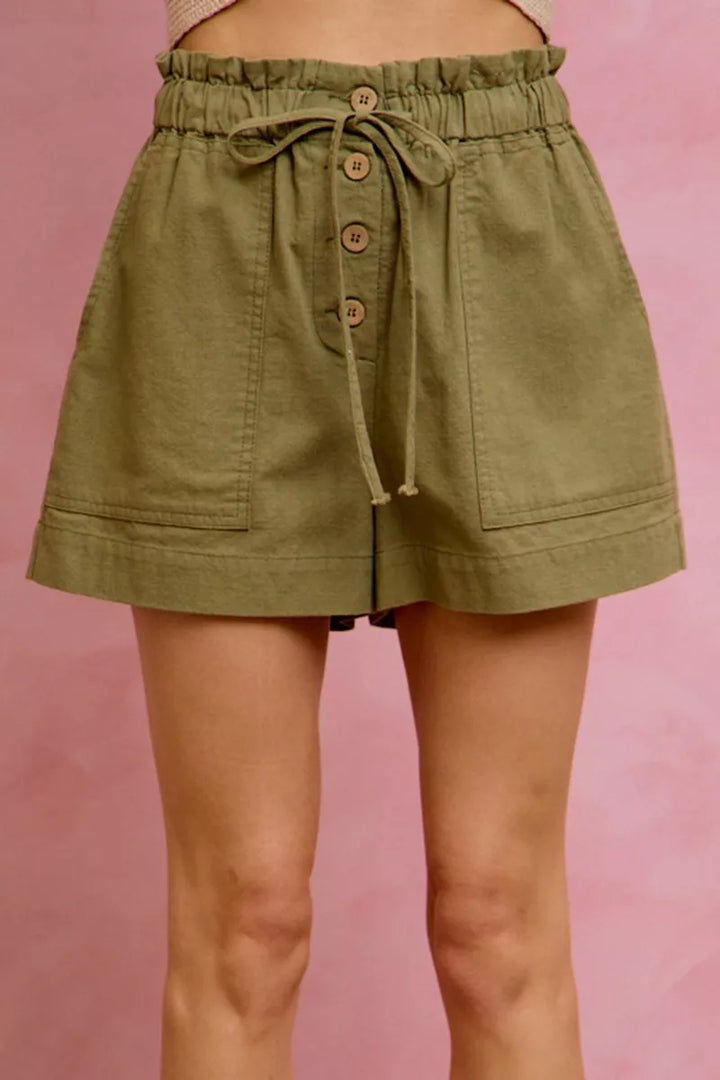 Paper bag waist twill shorts with button front and patch pockets