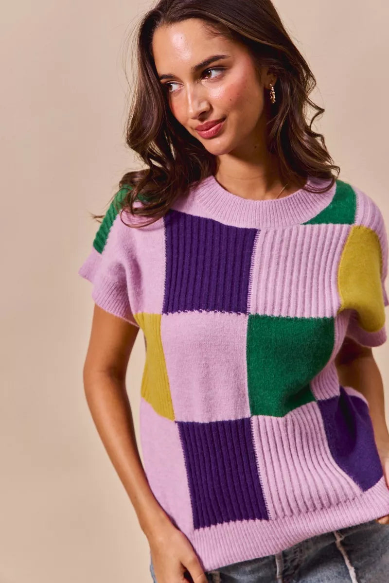 Checkerboard color-block short sleeve sweater top