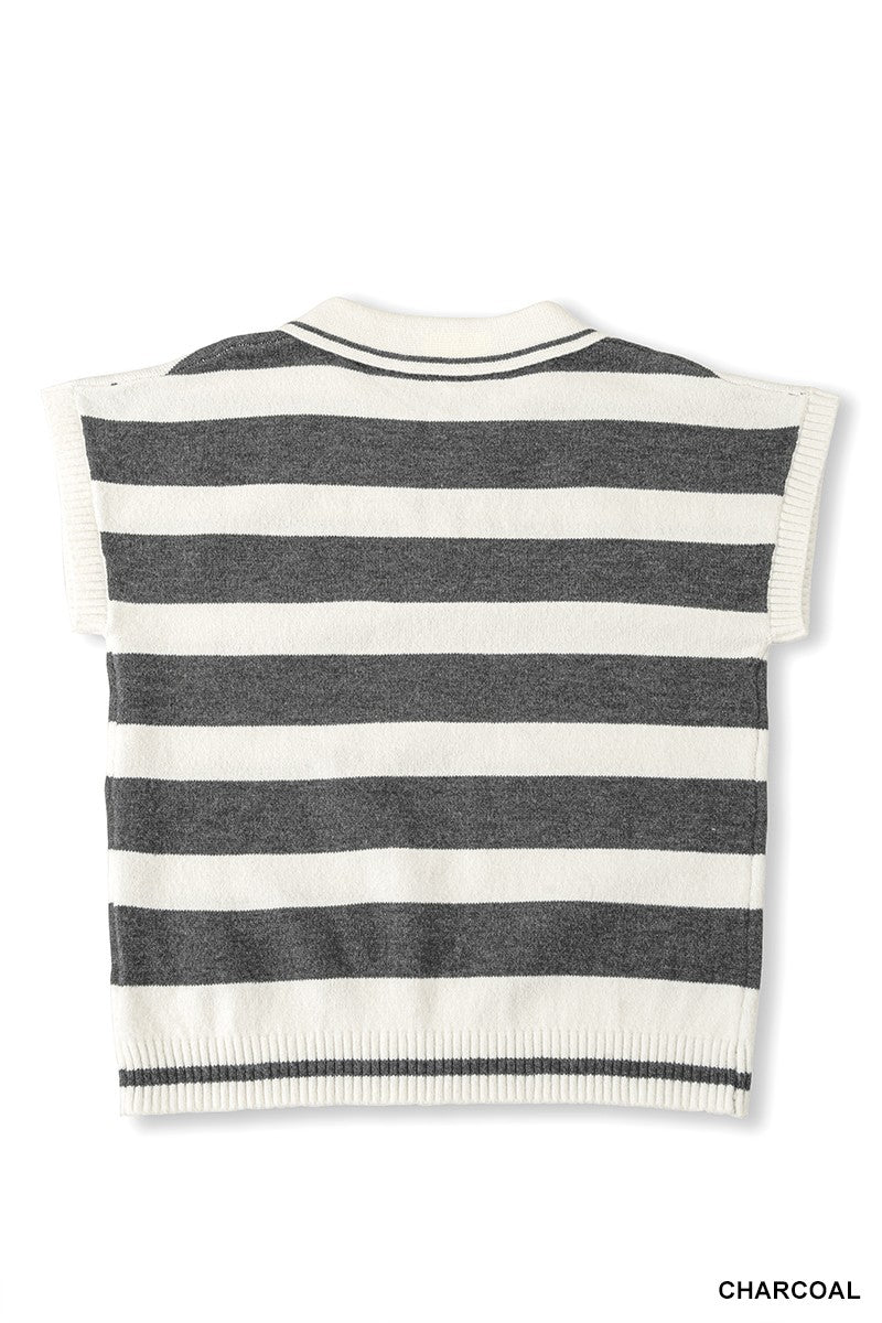 Striped short sleeve knit polo sweater with open collar