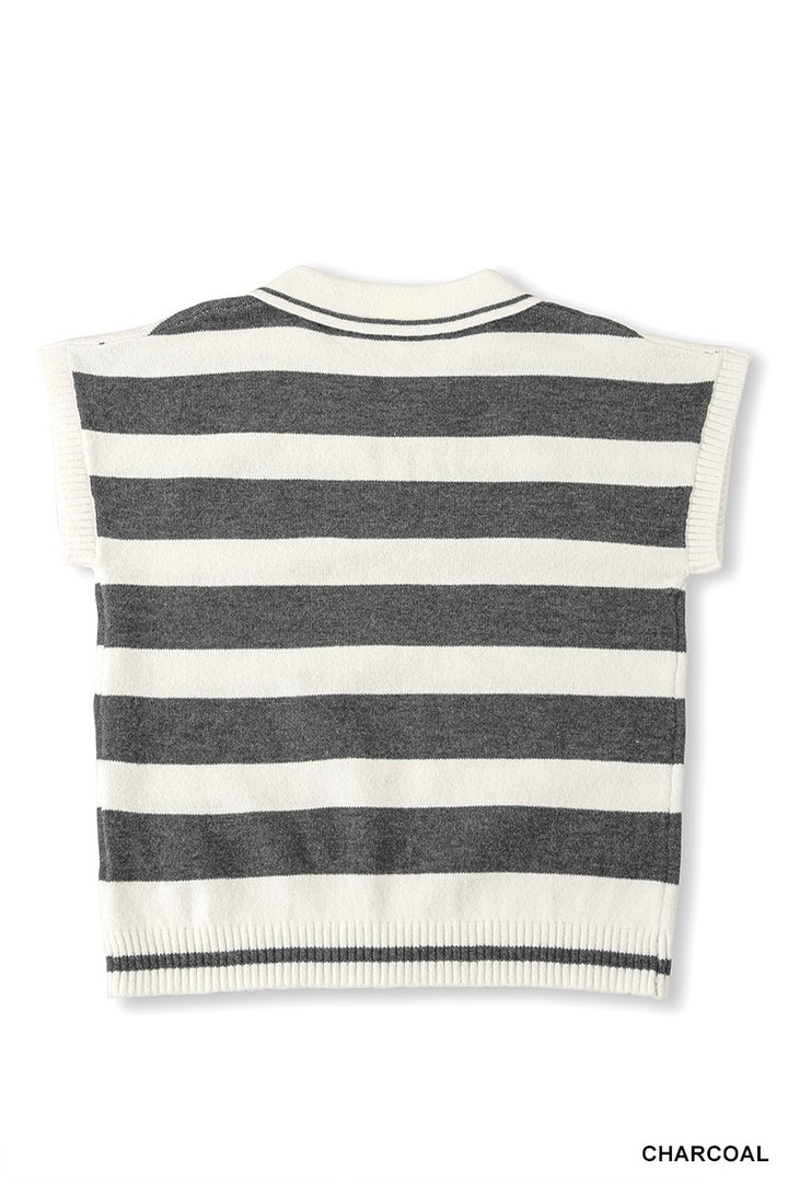 Striped short sleeve knit polo sweater with open collar