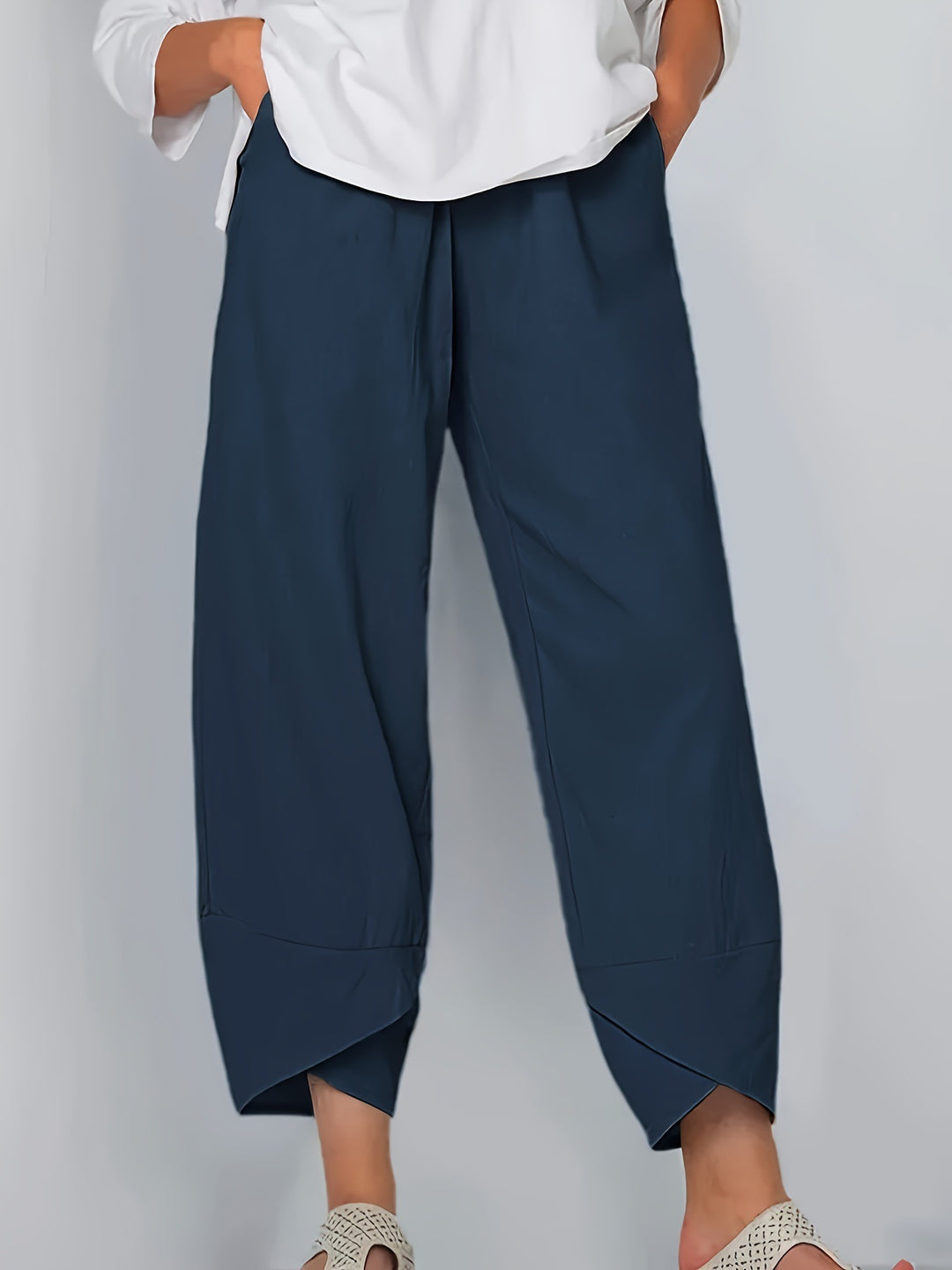 Navy Blue Elastic-waist wide-leg pants with tulip hem and pockets