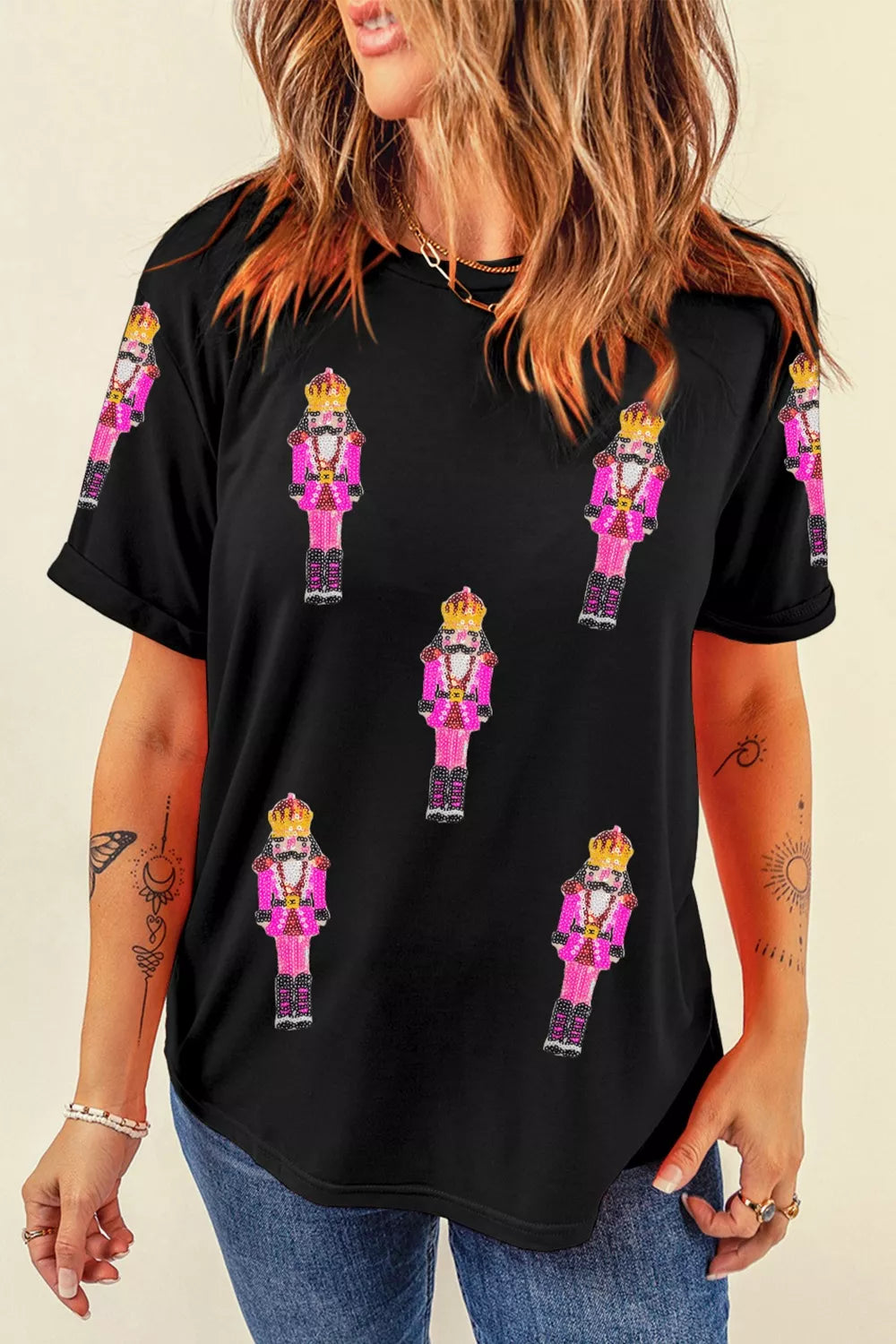 Black Sequin nutcracker Christmas crew neck t-shirt