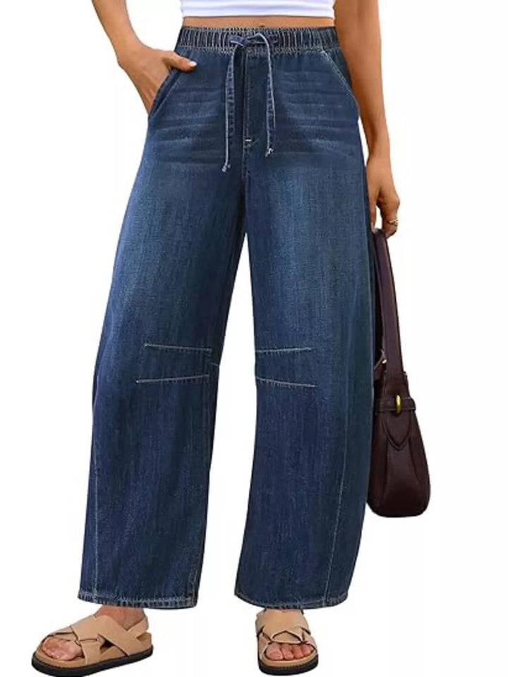 Dark Blue Wide-leg drawstring jeans with elastic waist and pockets