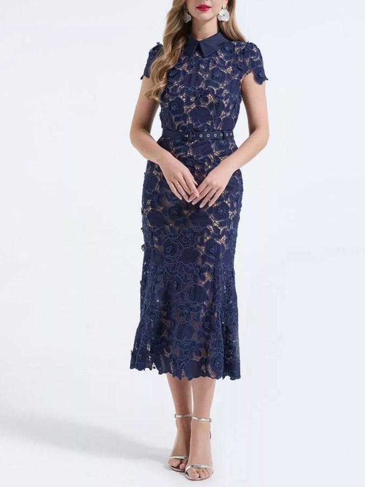Floral lace midi dress with collar and belted waist