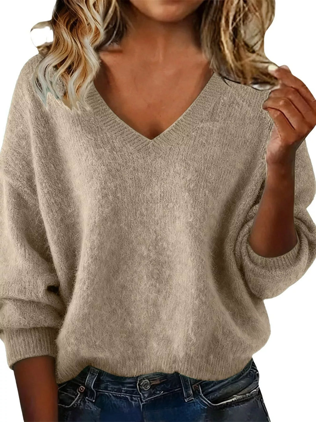 Apricot Dropped-shoulder V-neck brushed knit sweater