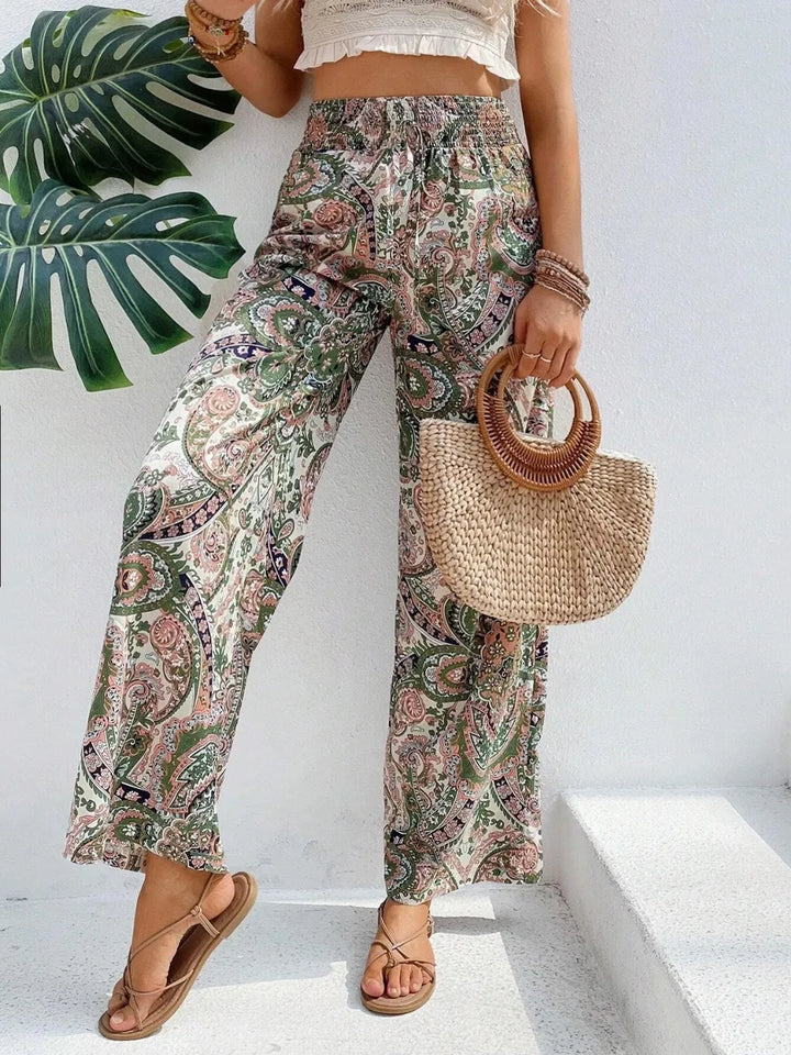 Paisley print wide-leg pants with drawstring waist