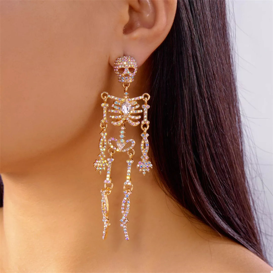Articulated rhinestone skeleton drop earrings