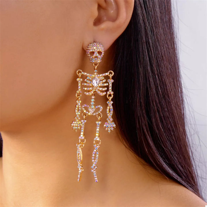 Articulated rhinestone skeleton drop earrings