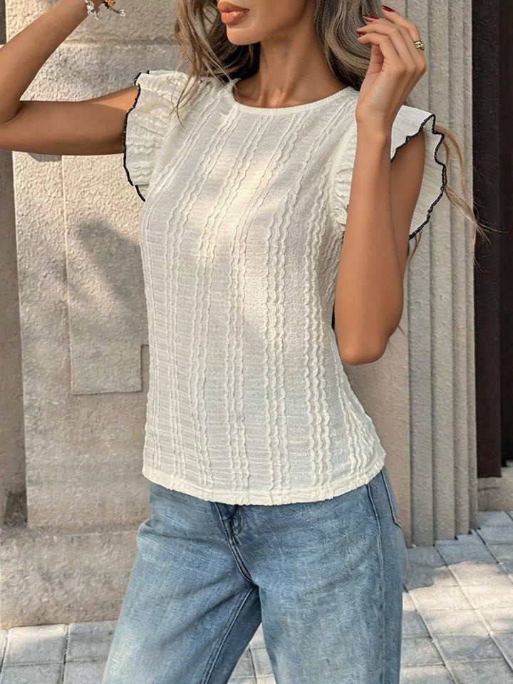 Textured ruffle flutter sleeve slim-fit top