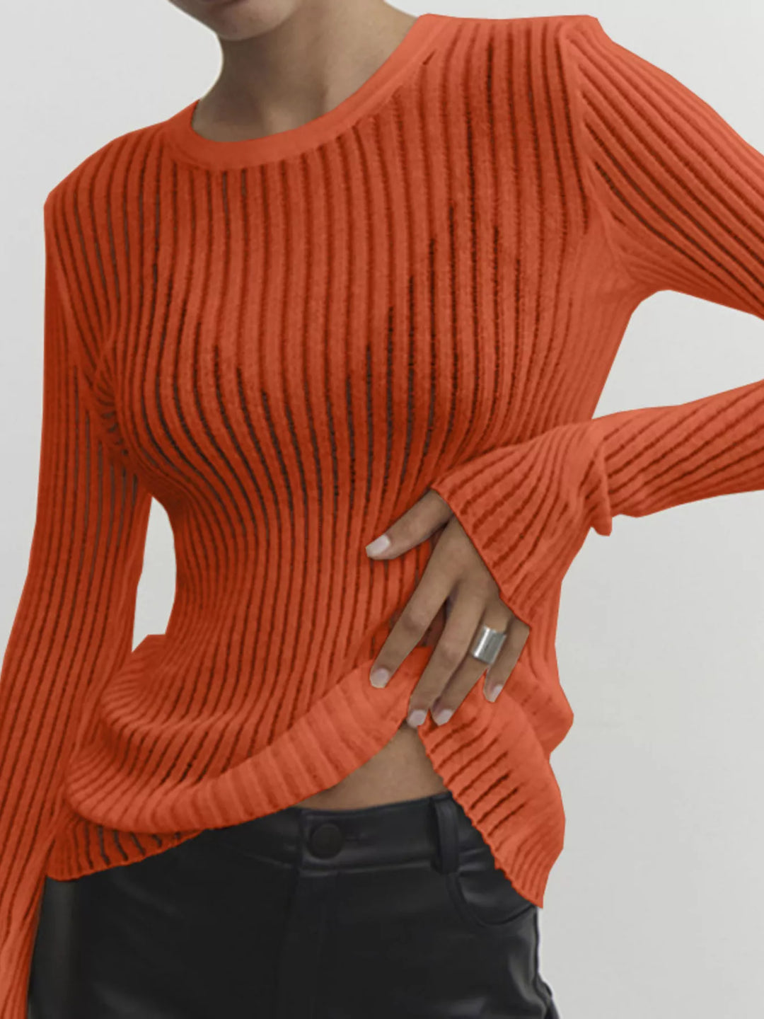 Orange Sheer ribbed knit long sleeve top with flared cuffs