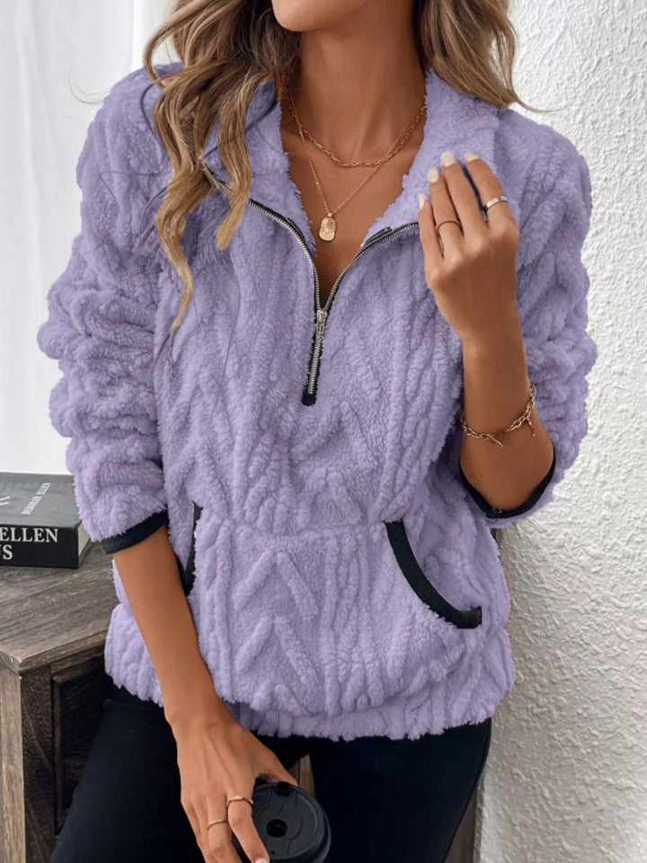 Purple Textured sherpa half-zip pullover with contrast trim