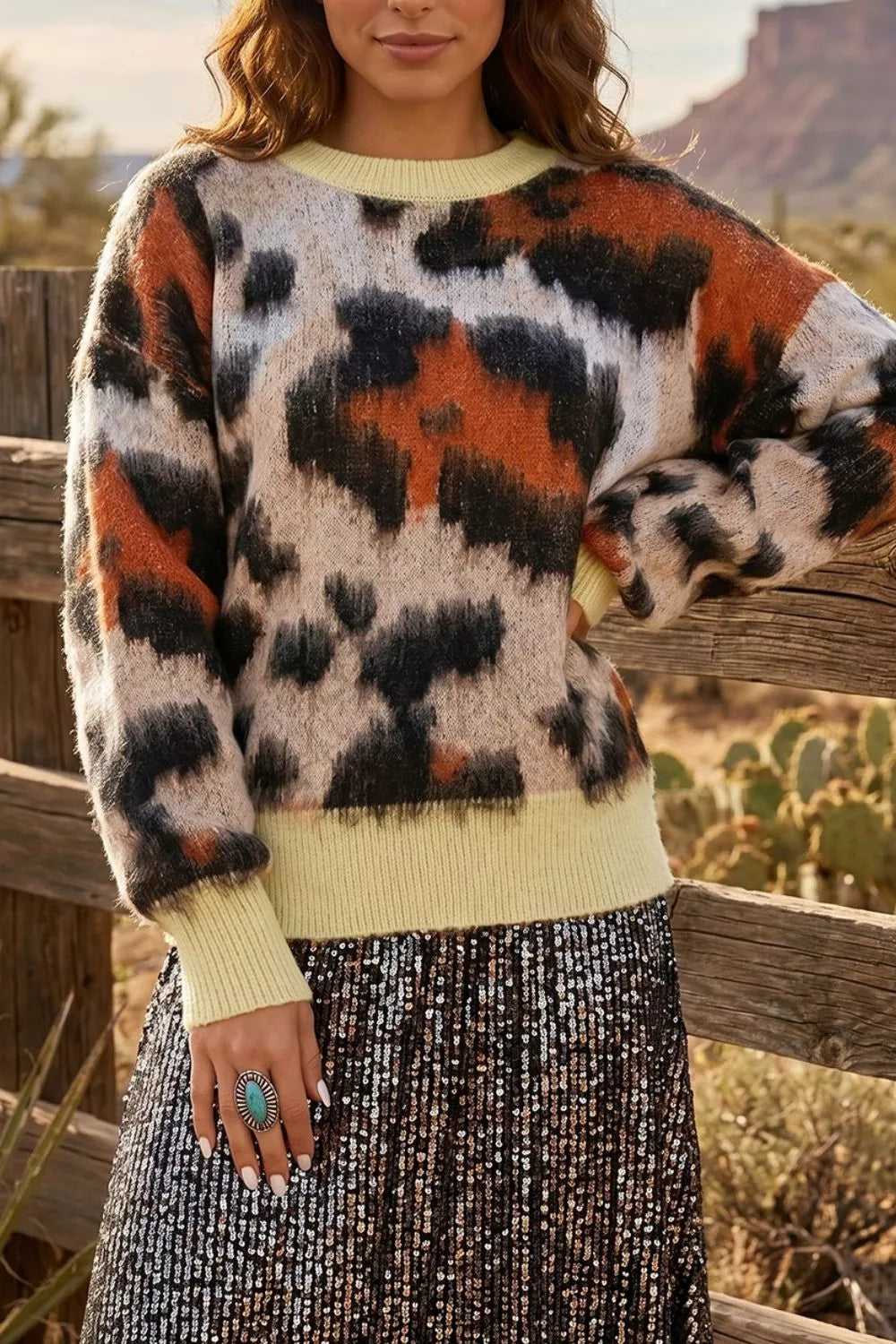 Multicolor Fuzzy leopard print drop shoulder crew neck sweater