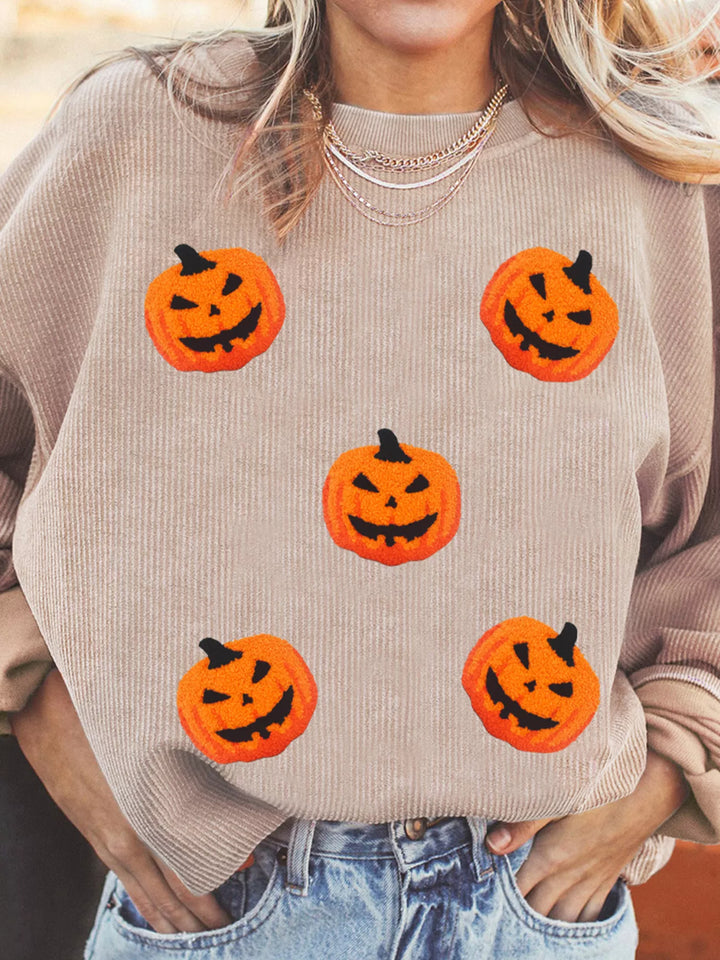 Chenille pumpkin patch ribbed drop shoulder sweatshirt