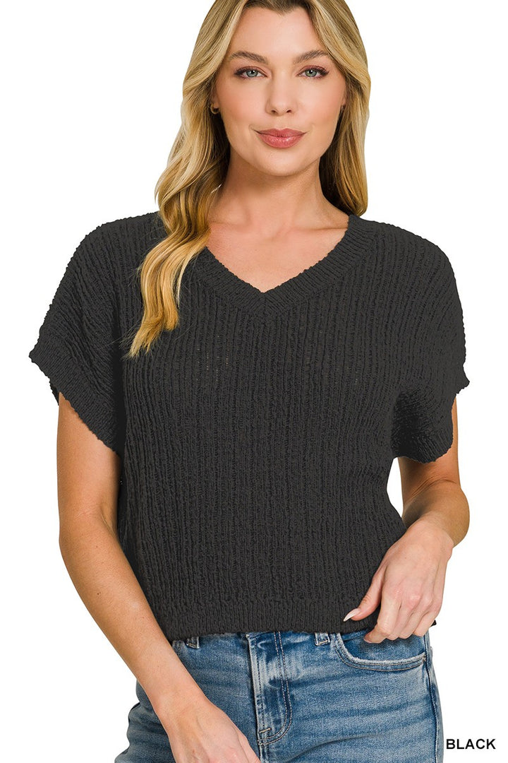 BLACK Textured knit v-neck short sleeve crop top