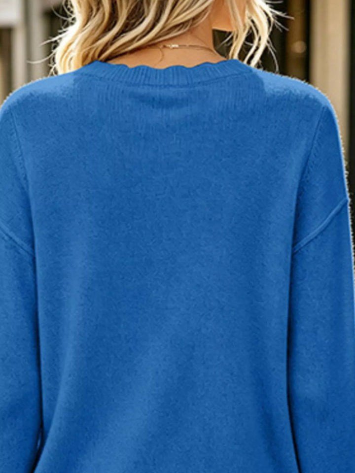 Scalloped trim crew neck pullover sweater