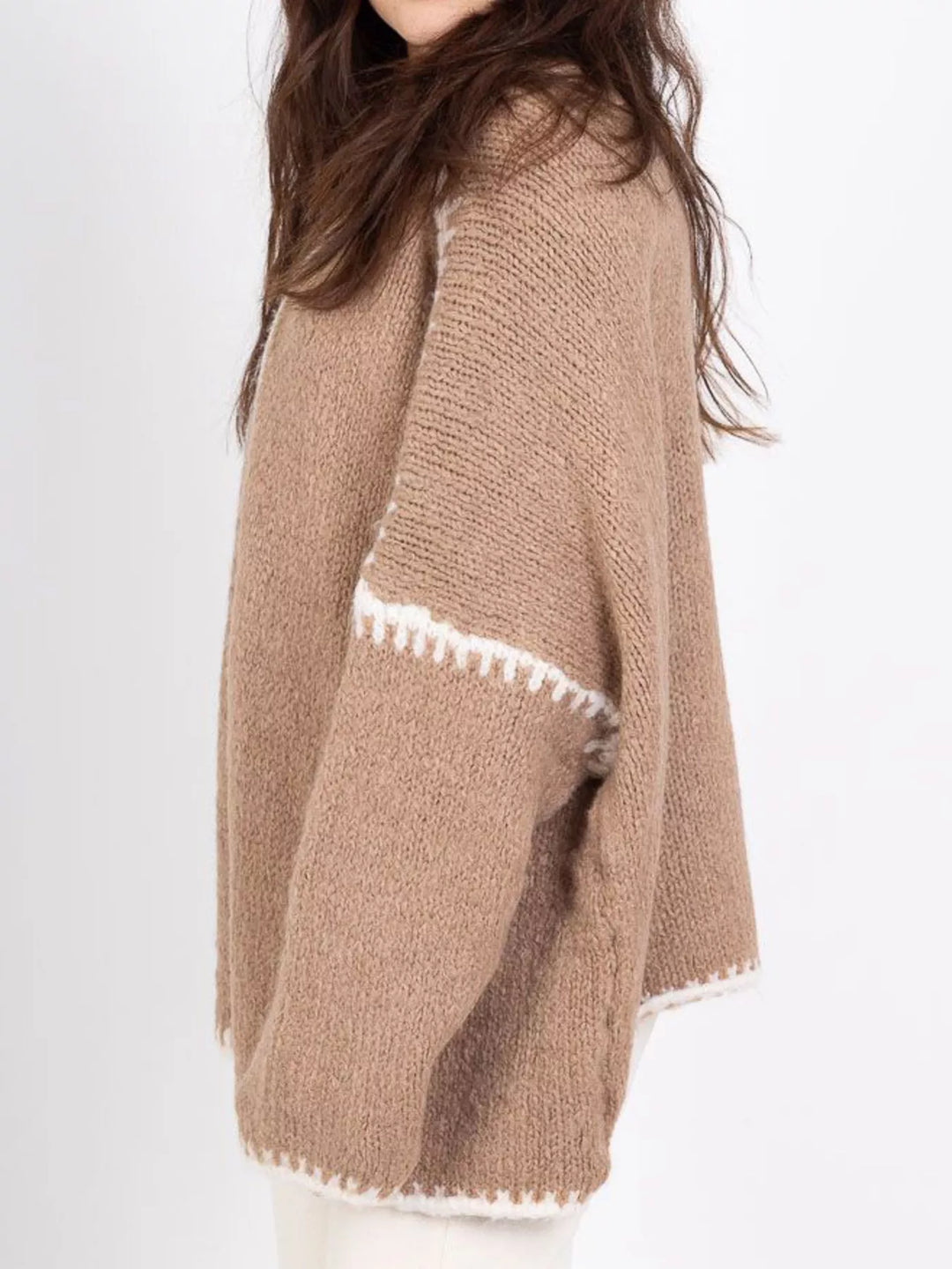 Contrast whipstitch trim open front knit cardigan