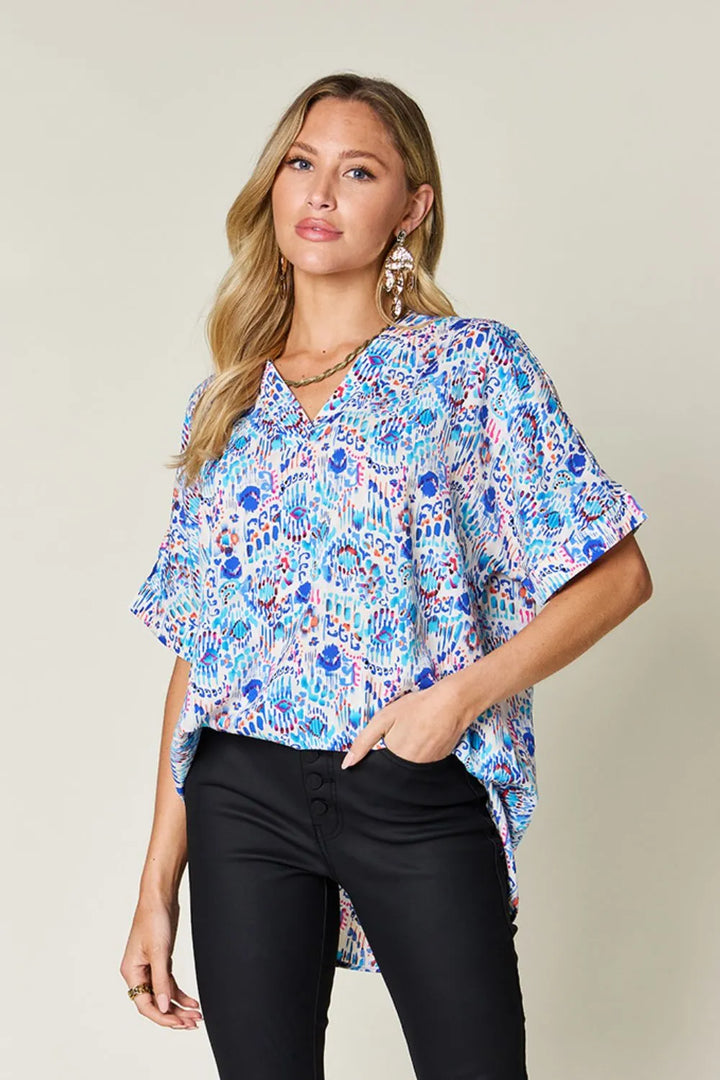 Sky Blue Abstract print V-neck short sleeve tunic blouse