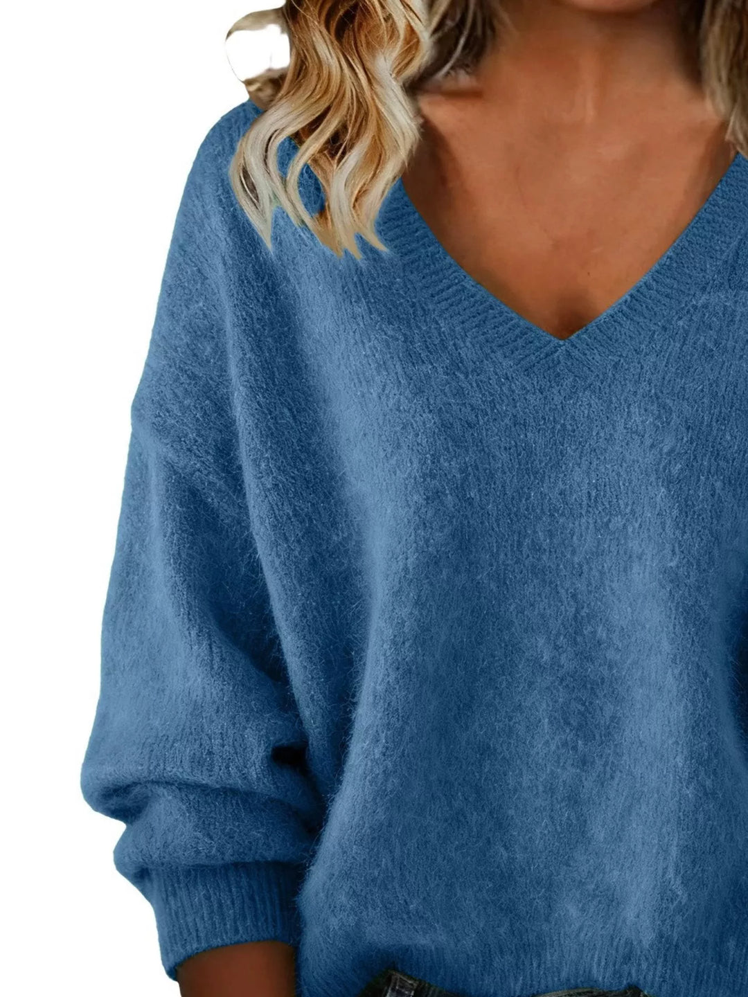 Dropped-shoulder V-neck brushed knit sweater