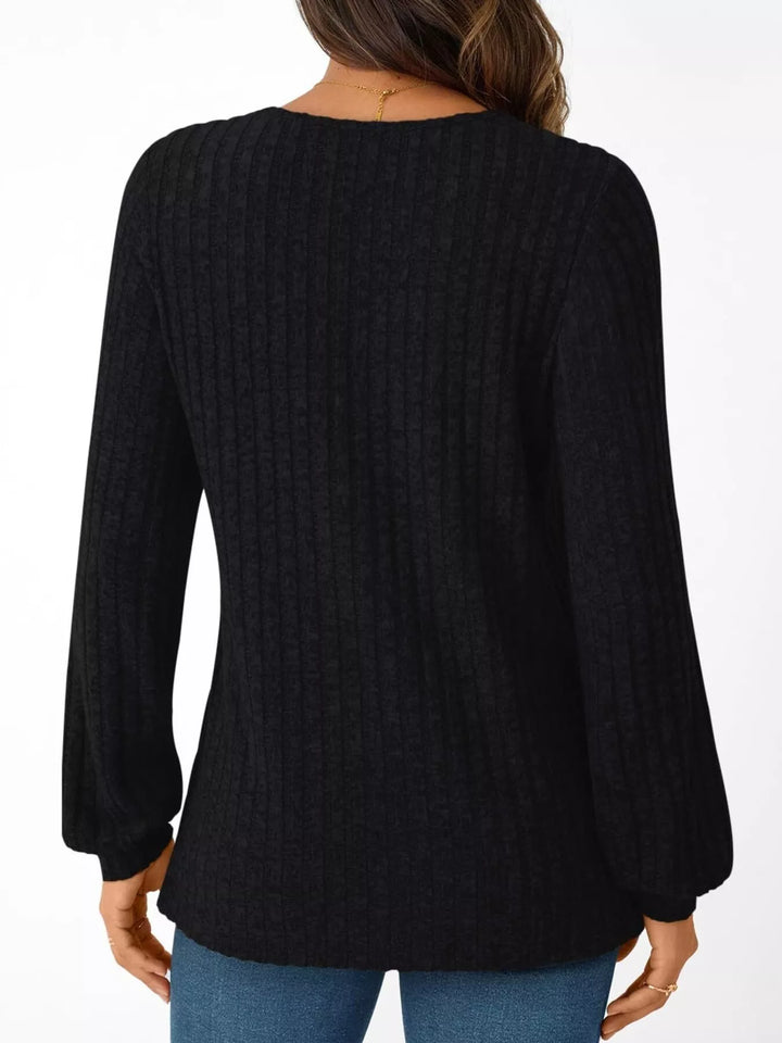 Ribbed knit v-neck top with blouson sleeves