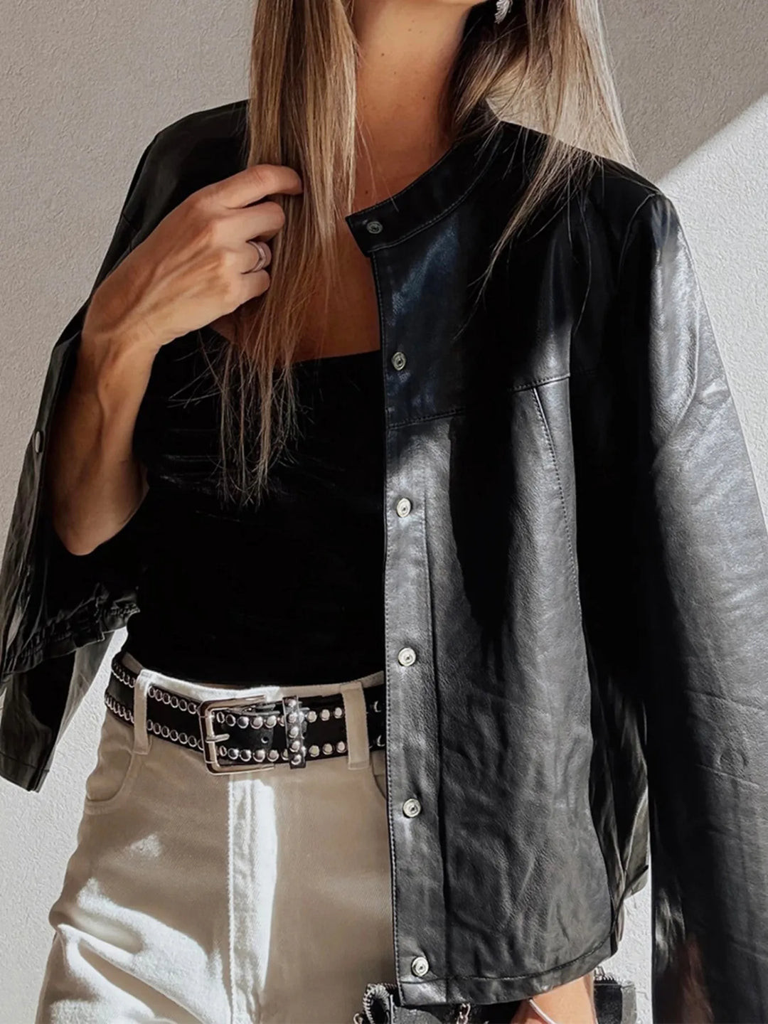 Faux leather snap-front boxy shirt jacket