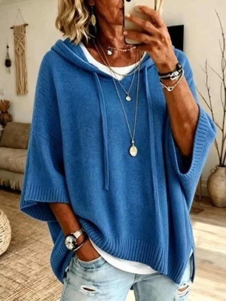 Blue Oversized hooded sweater with drawstring and ribbed trim