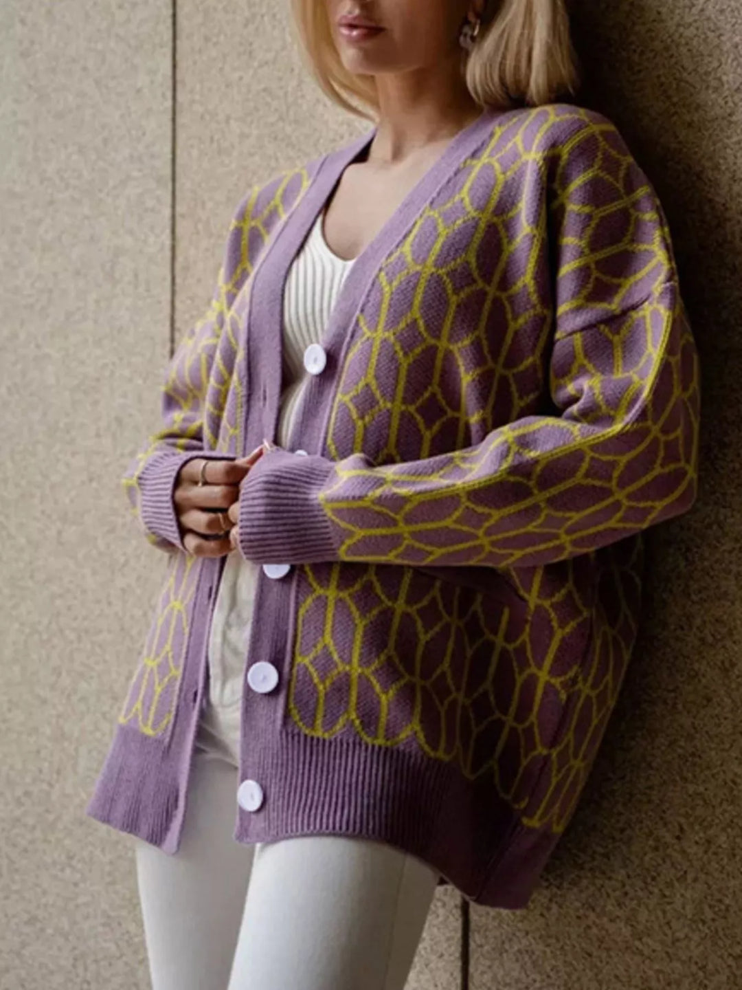 Oversized geometric knit button-down cardigan with pockets