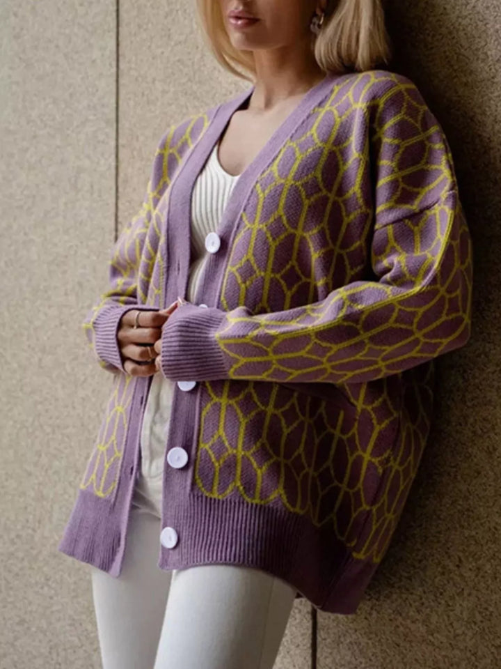 Oversized geometric knit button-down cardigan with pockets