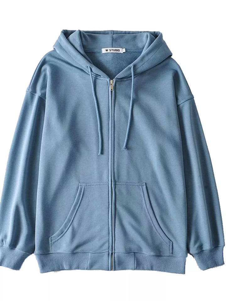 Blue Oversized zip-up hoodie with drawstring hood and front pockets