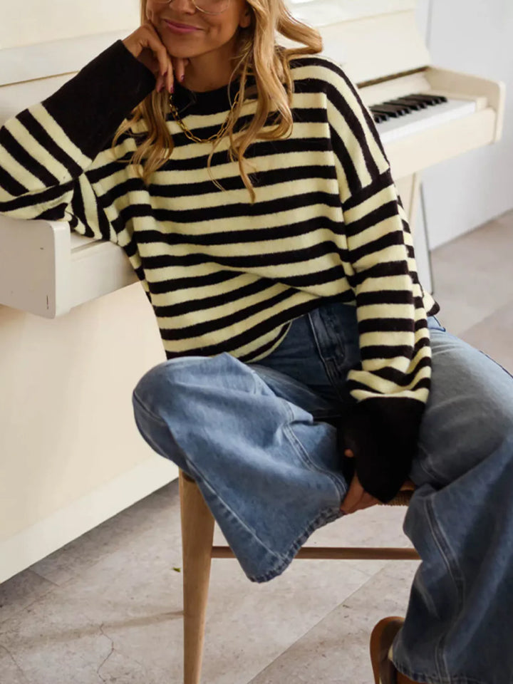 Black And Yellow Striped drop-shoulder crew neck sweater with ribbed cuffs