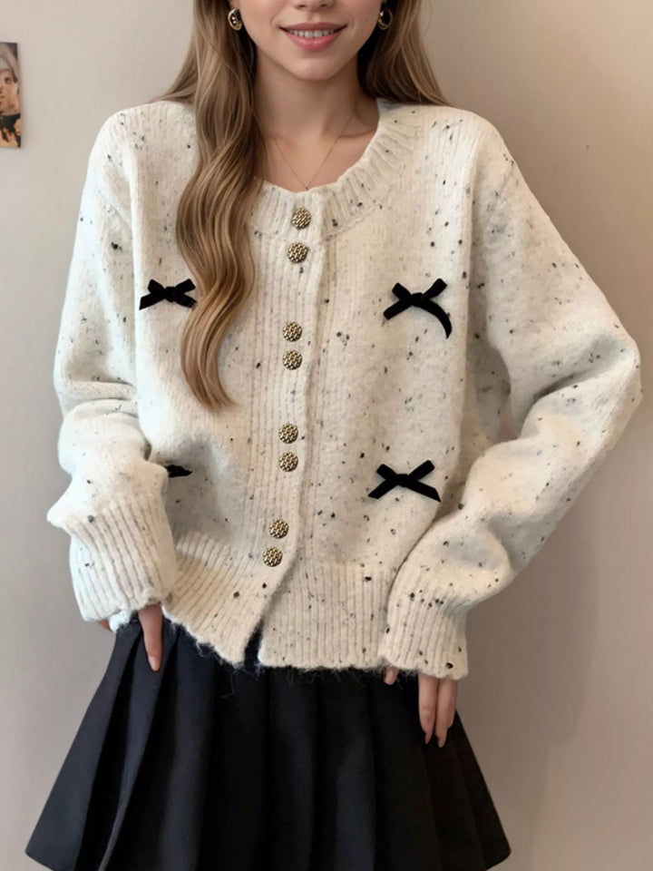 Bow-trim speckled knit cardigan with gold buttons
