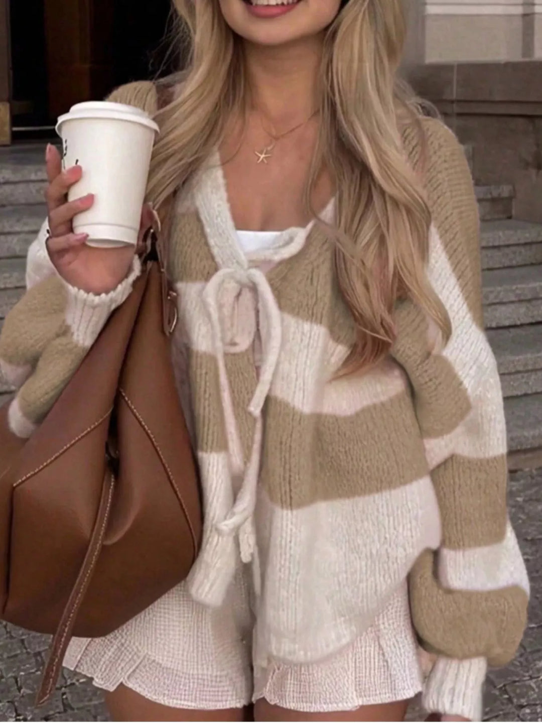 Khaki Striped tie-front knit cardigan with ribbed cuffs